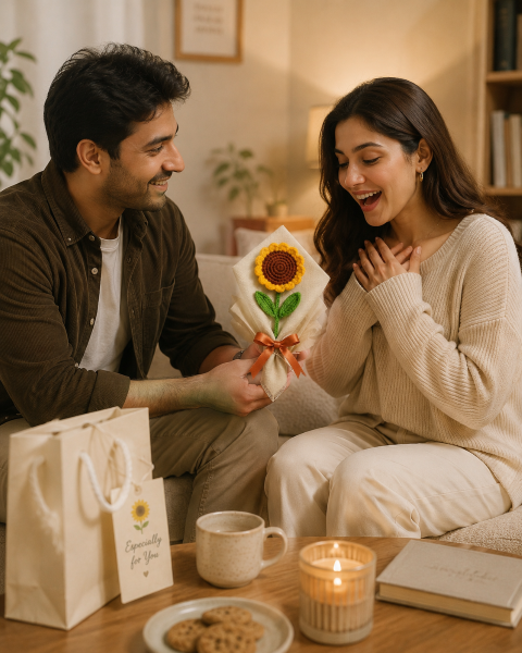 Crochet Sunflower Bouquet, Single-Stem with Decorative Ribbon, Yellow and Brown - Best Gift Birthday Anniversary Love Friendship