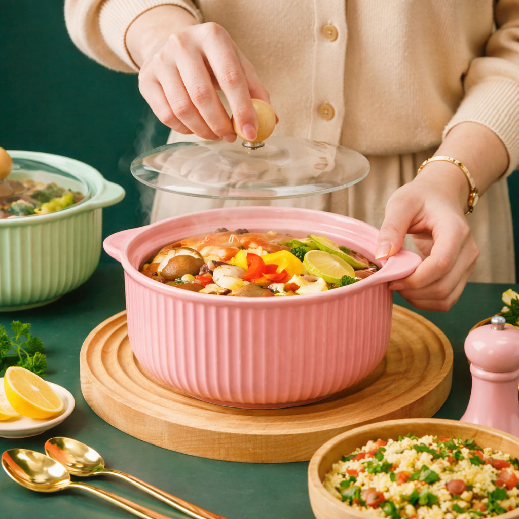 Ceramic Casserole Dish with Lid | Oven Safe, Heat Resistant Cookware | Durable Serving Bowl with Handles | Ideal for Cooking, Baking & Serving (Multi Colour)