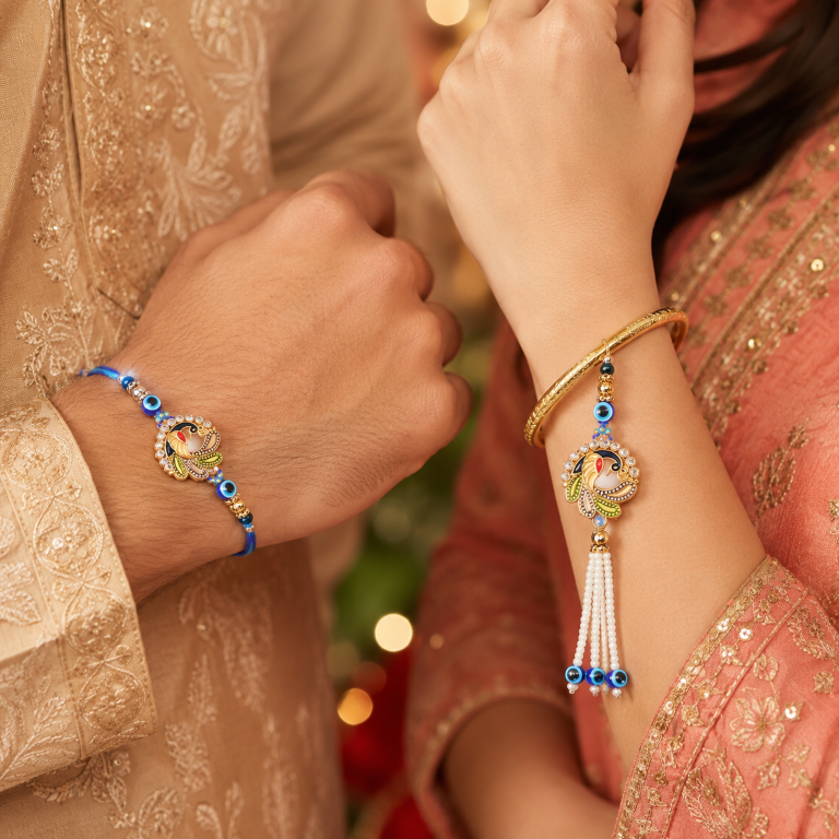 Designer Peacock Rakhi Set of 2 | Evil Eye Rakhi for Brother