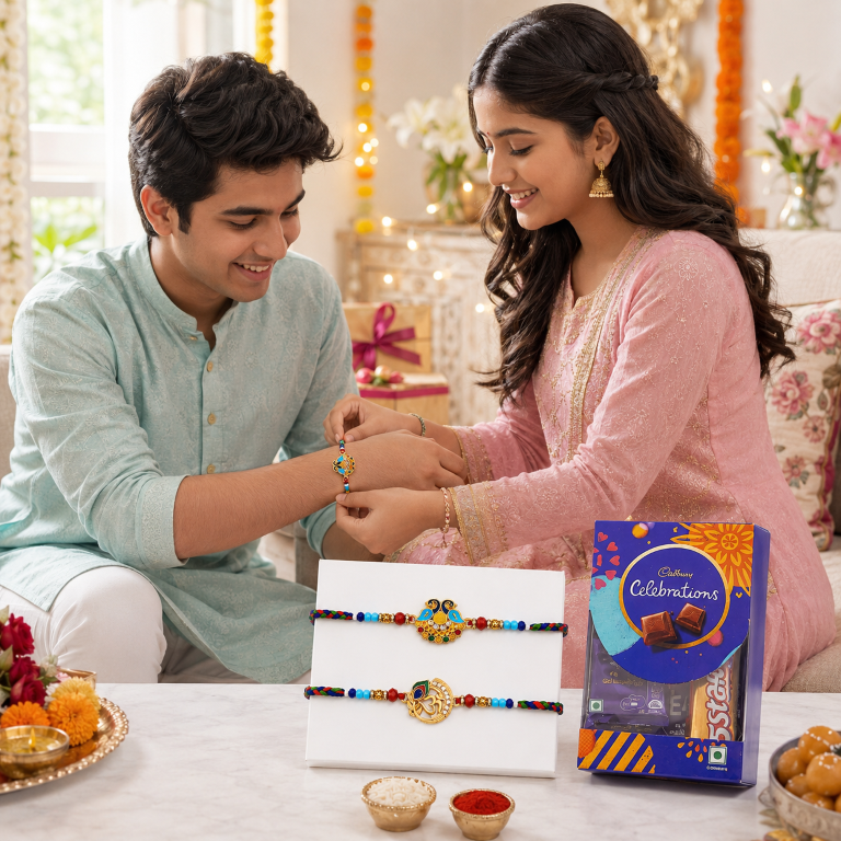 Rakhi Gift Set with 2 Peacock & Om Rakhi Set, Roli Chawa, Sipra, Key Chain and chocolate box