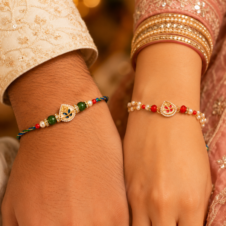 Bhai Bhabhi Rakhi Set | Designer Rakhi & Pearl Lumba Bracelet