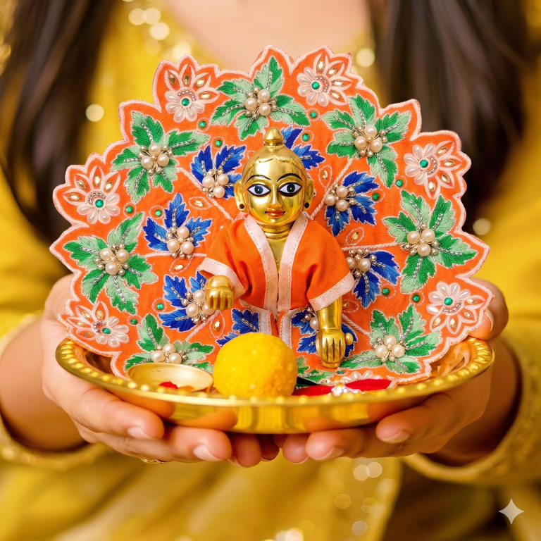 Tiny Shiny Laddu Gopal Poshak Thakur Ji Dress Heavy Designer Dress for Kanha Ji Fancy Dress for Bal Krishna Janmaasthmi Special for Ladoo Gopal Ji (Size-4 And 5)