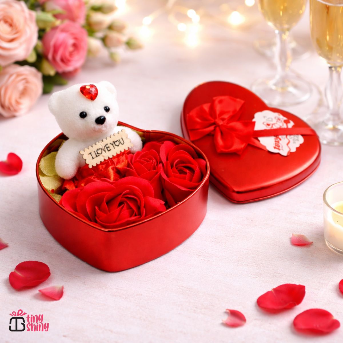 Tiny Shiny Teddy and Roses(3 Pieces Roses 1 Small Bear Doll)/ Heart Shaped Gift Tin Box containing Teddy and Roses with Love Message/Heart Shape Tin Box