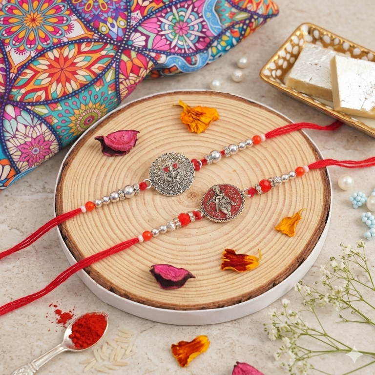 Rakhi Gift Set with 2 Divine Krishna Rakhi Set, Roli Chawa, Sipra, Key Chain and chocolate box