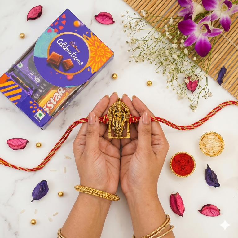 Rakhi Gift Set Brother with Tirupati Ram Lalla Rakhi, Roli Chawa, Sipra, Key Chain and chocolate box