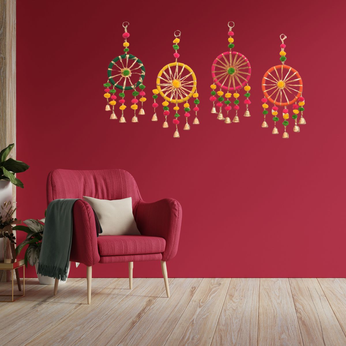 Boho Handmade Dreamcatcher Wall Hanging with Pom Poms & Bells – Colorful Decorative Hanging Set