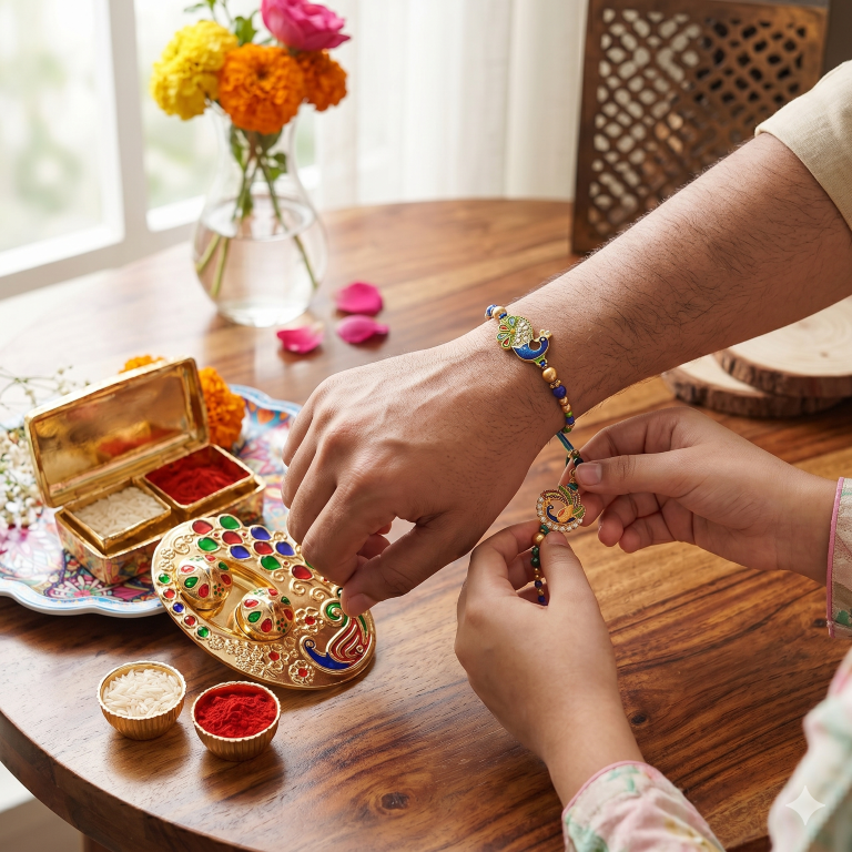 Rakhi Gift Set with 2 Royal Peacock Rakhi Set, Roli Chawa, Sipra, Key Chain and chocolate box
