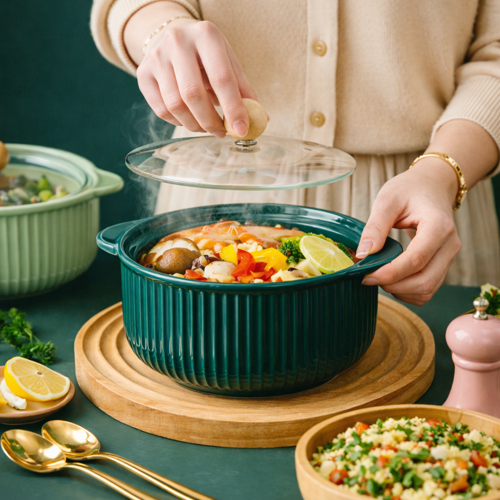 Ceramic Casserole Dish with Lid | Oven Safe, Heat Resistant Cookware | Durable Serving Bowl with Handles | Ideal for Cooking, Baking & Serving (Multi Colour)