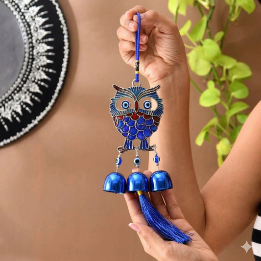 Evil Eye Hanging Nazar Battu for Home Entrance, Door & Wall Decoration | Turkish Evil Eye Big Size Hanging | Moon Design Wall Hanging for Protection & Positivity (3 Bell owl)