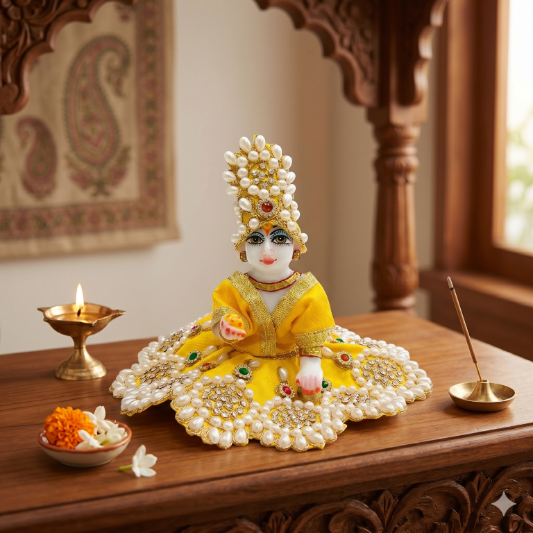 Tiny Shiny Laddu Gopal Poshak Thakur Ji Dress Heavy Designer Dress for Kanha Ji Fancy Dress for Bal Krishna Janmaasthmi Special for Ladoo Gopal Ji (Size- 3 to 5)
