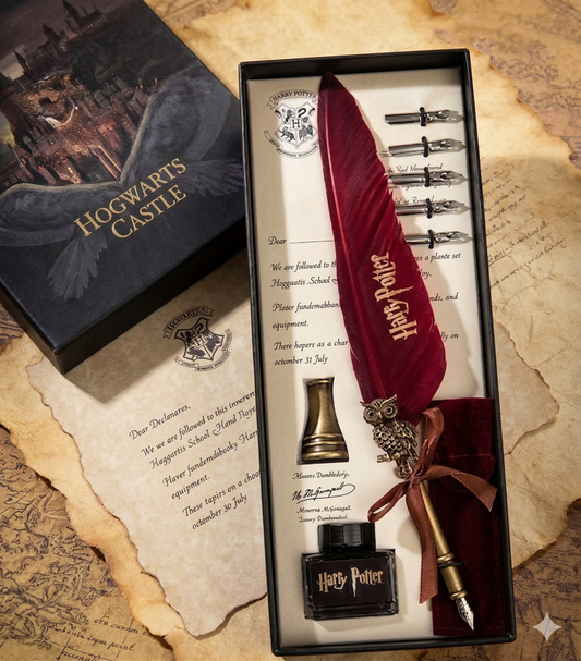 Harri Potter Style Feather Quill Pen Calligraphy Writing Set with Ink Bottle & Metal Nibs | Vintage Magic Wizard Writing Gift Set for Journaling & Creative Writing (Multicolor)