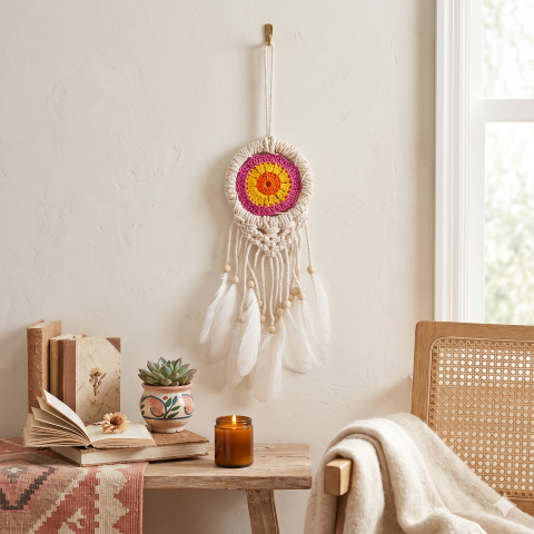 Handmade Evil Eye Dreamcatcher Wall Hanging – Blue & White Crochet Dream Catcher with Feathers & Beads – Boho Home Décor, Protection & Good Luck Charm