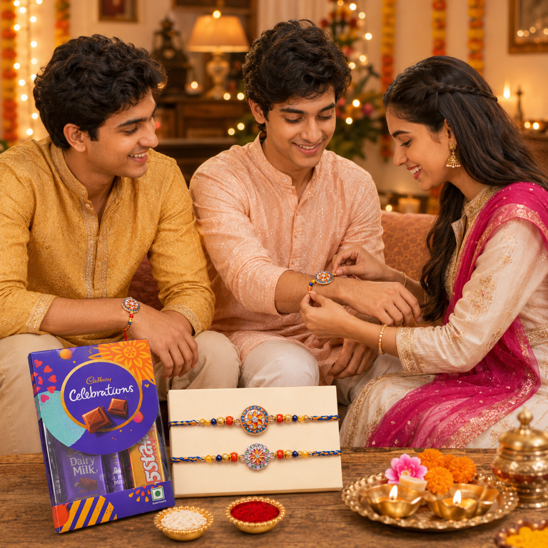 Rakhi Gift Set with 2 Twin Mandala Rakhi Pair, Roli Chawa, Sipra, Key Chain and chocolate box