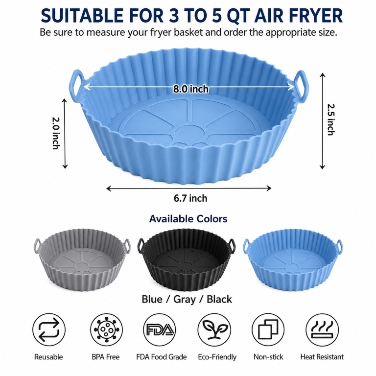 Air Fryer Liners I Round Silicone Basket Baking Tray I Pot with Ear Handles I Nonstick Reusable Heat Resistant I Cooking Oven Insert Accessories - Multicolor (Pack of 3)