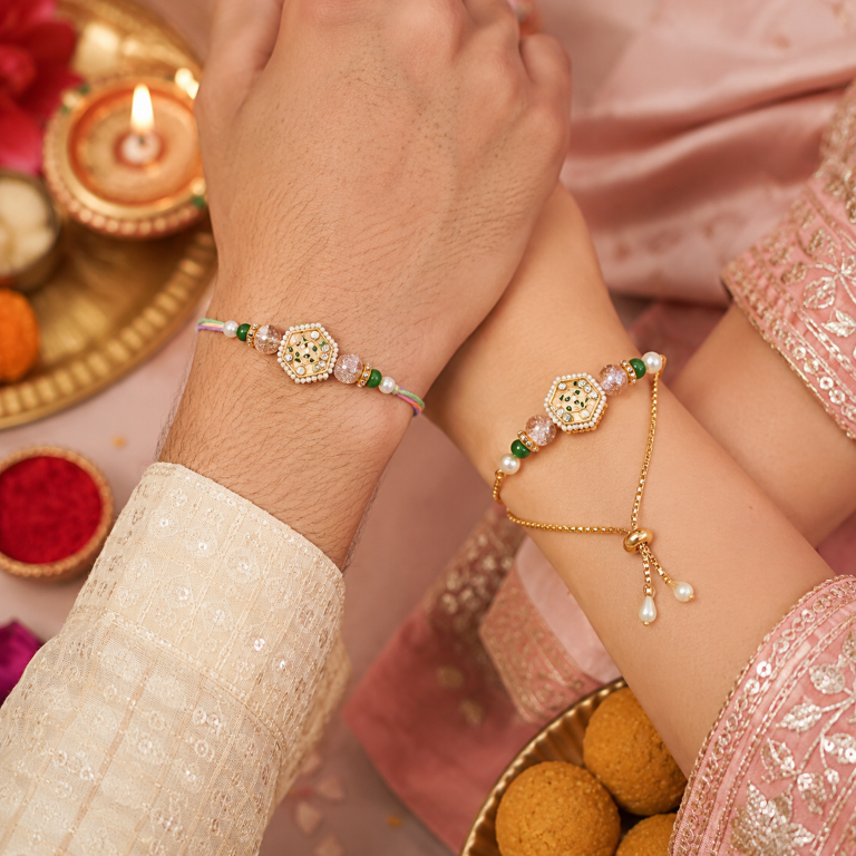 Bhai Bhabhi Rakhi Set | Floral Designer Rakhi & Adjustable Lumba