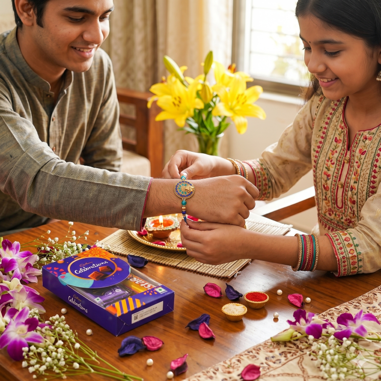 Rakhi Gift Set Brother with Life Tree Rakhi, Roli Chawa, Sipra, Key Chain and chocolate box
