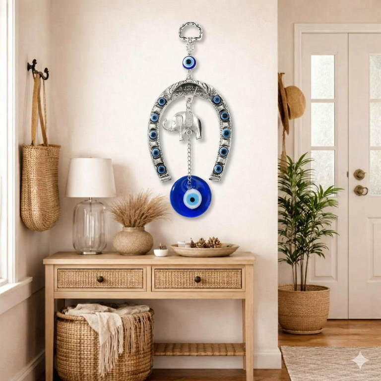 Glass Turkish Silver Horse Shoe Blue Evil Eye Hanging Ornament with Elephant Home Entrance Protection Amulet for Good Luck & Prosperity Main Door & Wall Décor