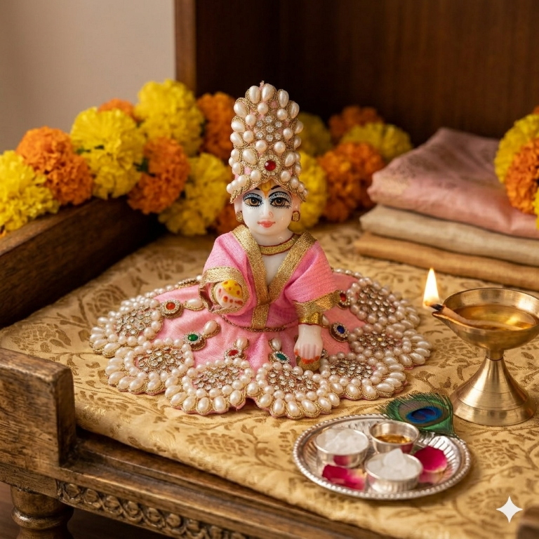 Tiny Shiny Laddu Gopal Poshak Thakur Ji Dress Heavy Designer Dress for Kanha Ji Fancy Dress for Bal Krishna Janmaasthmi Special for Ladoo Gopal Ji (Size- 3 to 5)