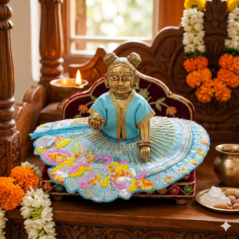Tiny Shiny Laddu Gopal Poshak Thakur Ji Dress Heavy Designer Dress for Kanha Ji Fancy Dress for Bal Krishna Janmaasthmi Special for Ladoo Gopal Ji (Size-3 to 5)