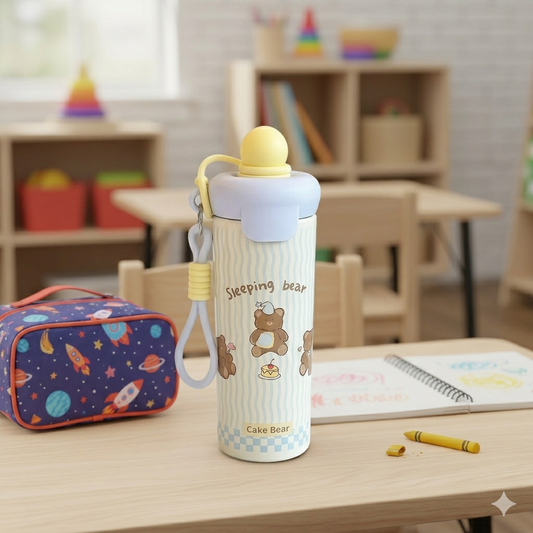 Cute Bear Stainless Steel Kids Water Bottle with Straw & Carry Strap – 500ml Leakproof Insulated Flask for School