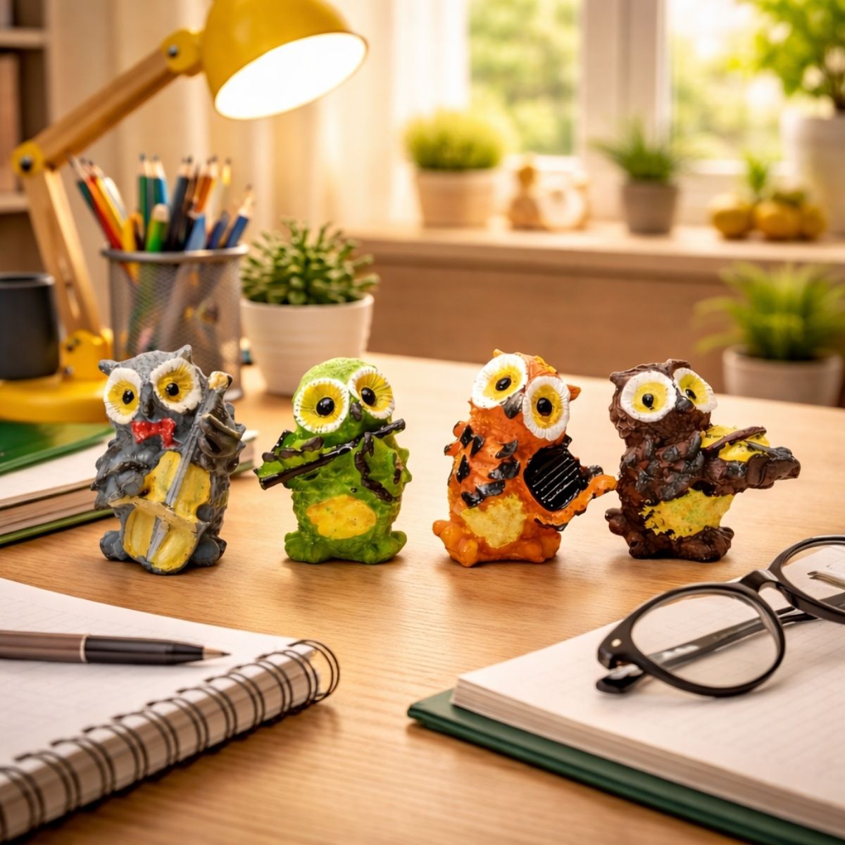 Tiny Shiny Owl Showpiece, Figurines, Statues for Good Luck Playing Musical Instruments for Home & Office Decor Showpiece Decorative & Gifting Items (Set of 4) (Resin, Multicolor) - image 3