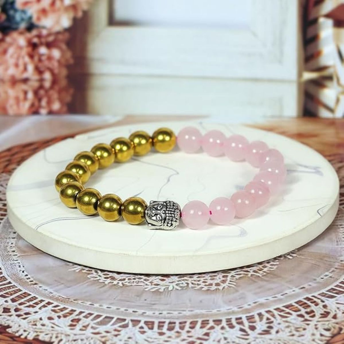 Rose Quartz & Golden Hematite Bracelet – Natural Healing Crystal Beads for Men & Women, Love & Positivity Energy Bracelet, Stretchable Handcrafted Jewelry Gift