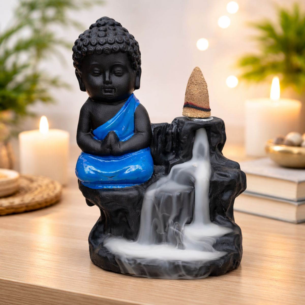 Tiny Shiny Polyresin Meditating Monk Buddha Smoke Backflow Cone Incense Holder Decorative Showpiece with 10 Free Smoke Backflow Scented Cone Incenses - image 3