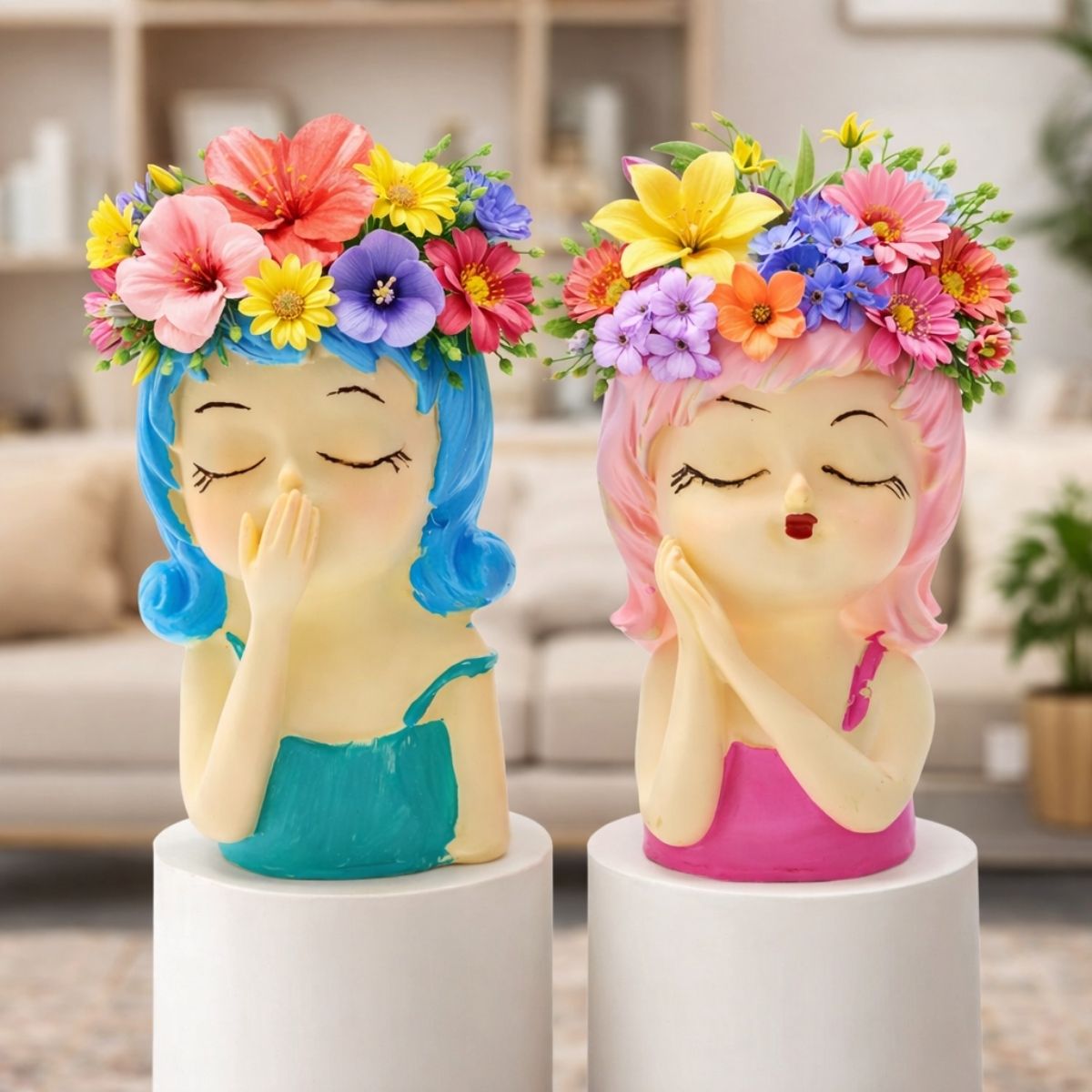 Tiny Shiny Girls Flowerpot Green Head Planter Pot Resin Cute Girl Statue Planter Decorative Cactus Plant Container for Tabletop Garden Home Office Decor Item 2 Girls - image 3
