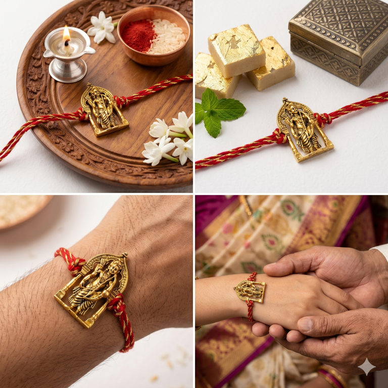 Rakhi Gift Set Brother with Tirupati Ram Lalla Rakhi, Roli Chawa, Sipra, Key Chain and chocolate box
