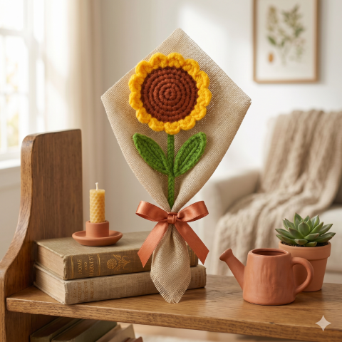 Crochet Sunflower Bouquet, Single-Stem with Decorative Ribbon, Yellow and Brown - Best Gift Birthday Anniversary Love Friendship