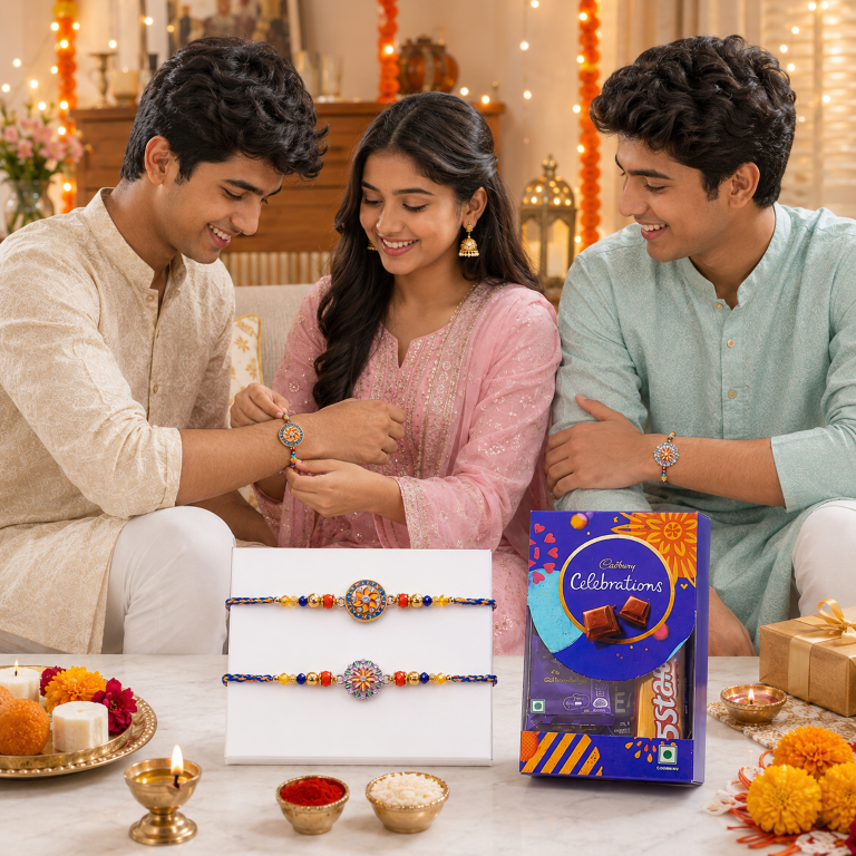 Rakhi Gift Set with 2 Twin Mandala Rakhi Pair, Roli Chawa, Sipra, Key Chain and chocolate box