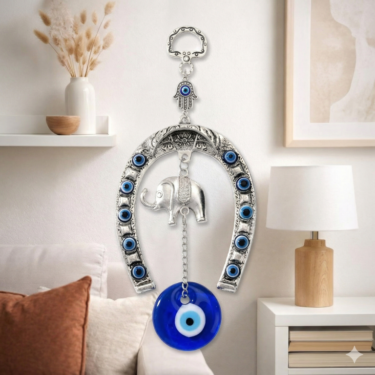 Glass Turkish Silver Horse Shoe Blue Evil Eye Hanging Ornament with Elephant Home Entrance Protection Amulet for Good Luck & Prosperity Main Door & Wall Décor