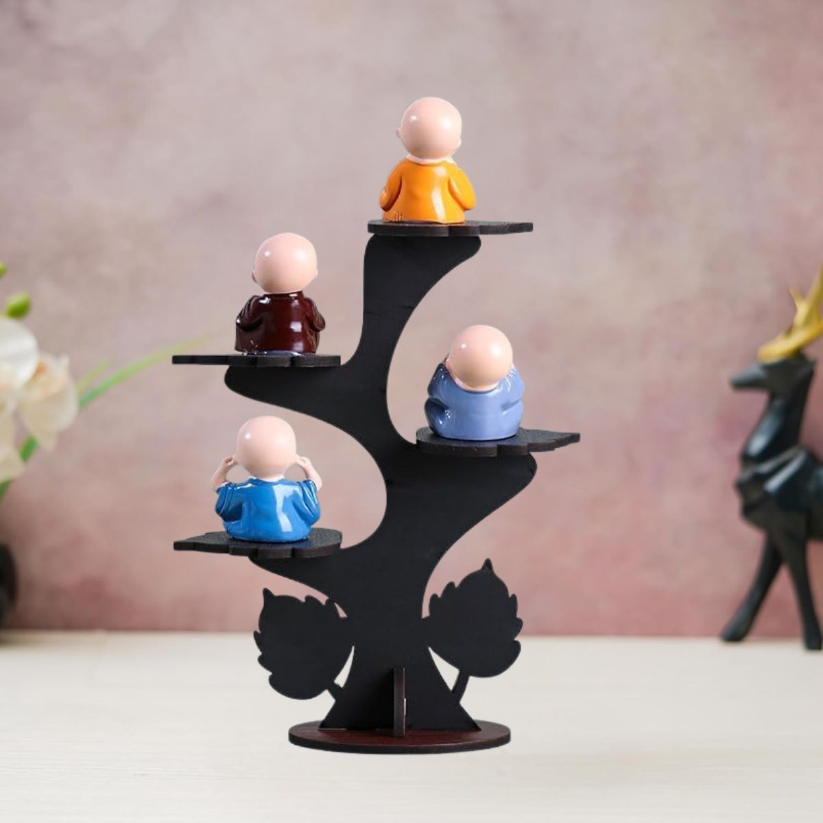Set of 4 Adorable Buddha Monk Figurines with Wooden Stand