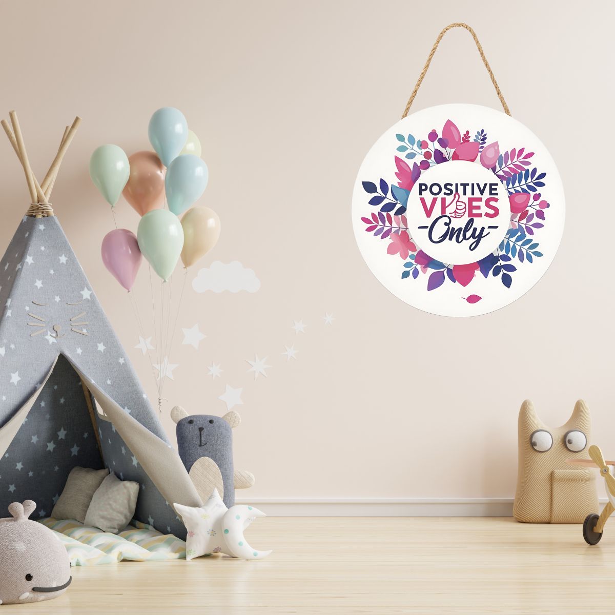 Positive Vibes Only Floral Wooden Hanging Wall Plaque for Home Décor