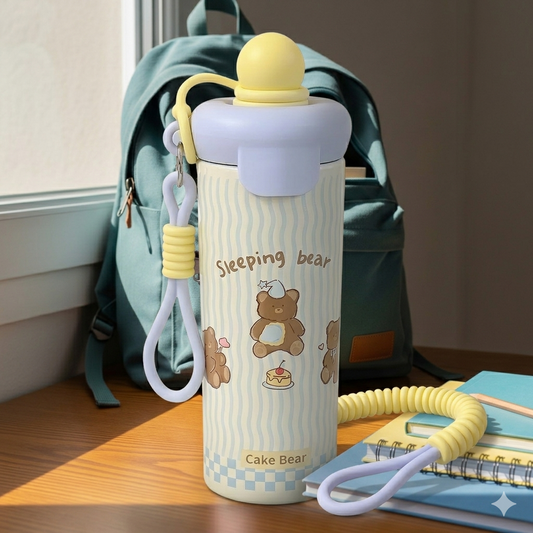 Cute Bear Stainless Steel Kids Water Bottle with Straw & Carry Strap – 500ml Leakproof Insulated Flask for School