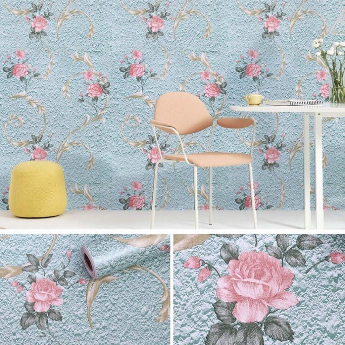 Blue Damask Removable PVC Vinyl Wallpaper for Walls