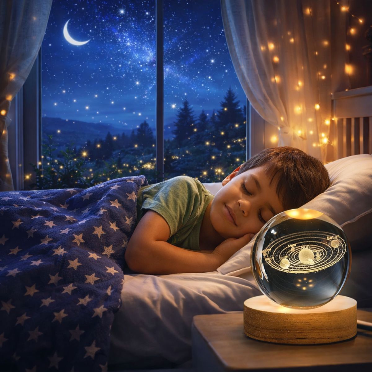 Tiny Shiny 3D Crystal Ball Night Lamp with Base —  Solar System Design