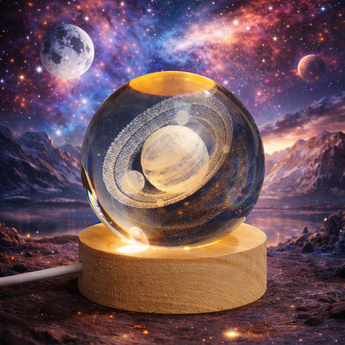 Tiny Shiny 3D Crystal Saturn Ball Night Light —  LED Desk Lamp with Multicolor Glow