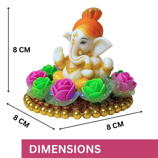 Tiny Shiny Lord Ganesha Idol on Colorful Flower Plate  with Gold Beads