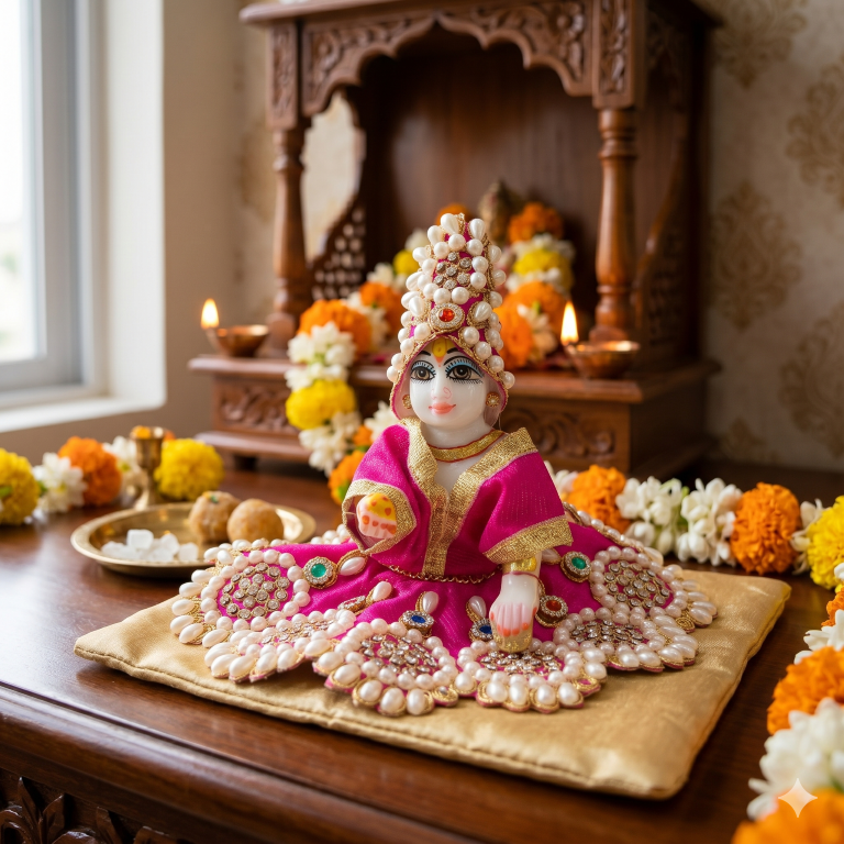 Tiny Shiny Laddu Gopal Poshak Thakur Ji Dress Heavy Designer Dress for Kanha Ji Fancy Dress for Bal Krishna Janmaasthmi Special for Ladoo Gopal Ji (Size- 3 to 5)