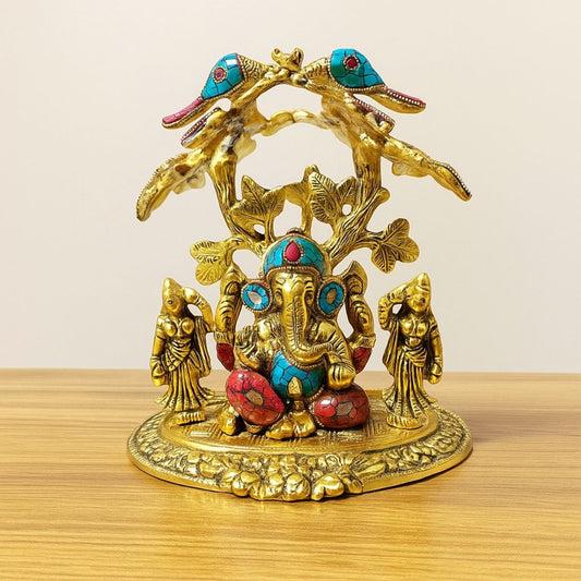 Metal Statue of Lord Ganesha Under Tree with Riddhi Siddhi