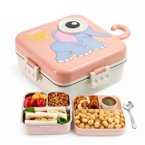 Cute Elephant Bento Lunch Box for Kids | 3 Compartment Leak-Proof BPA-Free Tiffin | Cartoon Elephant Design with Airtight Lid & Lock Clips | School, Travel & Picnic Lunch Container | Lunchbox (1120ml + 70ml) (Pink)