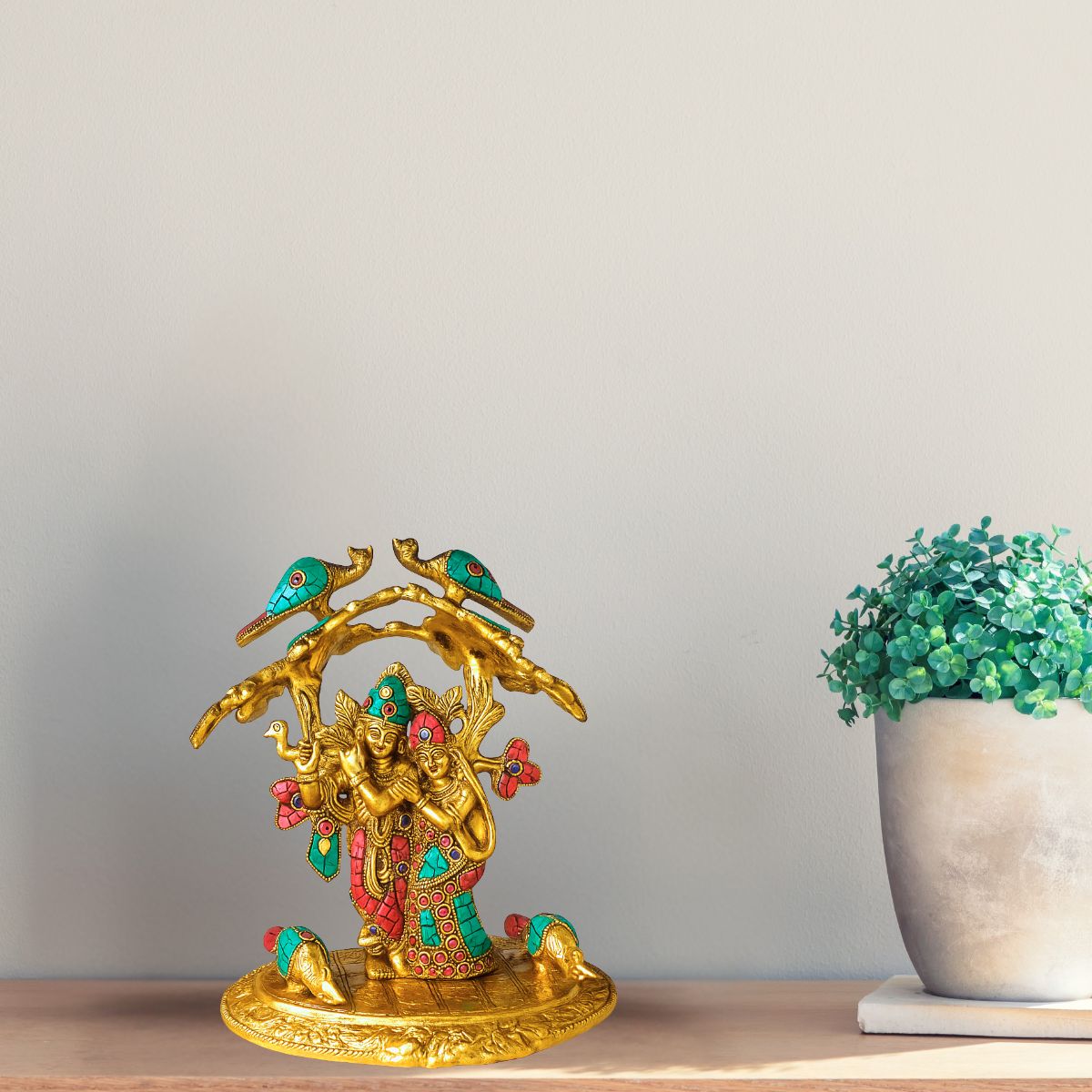 Metal Statue of Radha Krishna Under Tree with Peacock