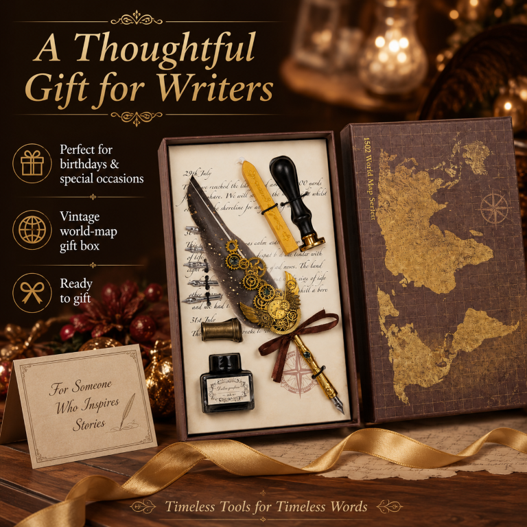Harri Pott-er Style Feather Quill Pen Calligraphy Writing Set with Ink Bottle & Metal Nibs