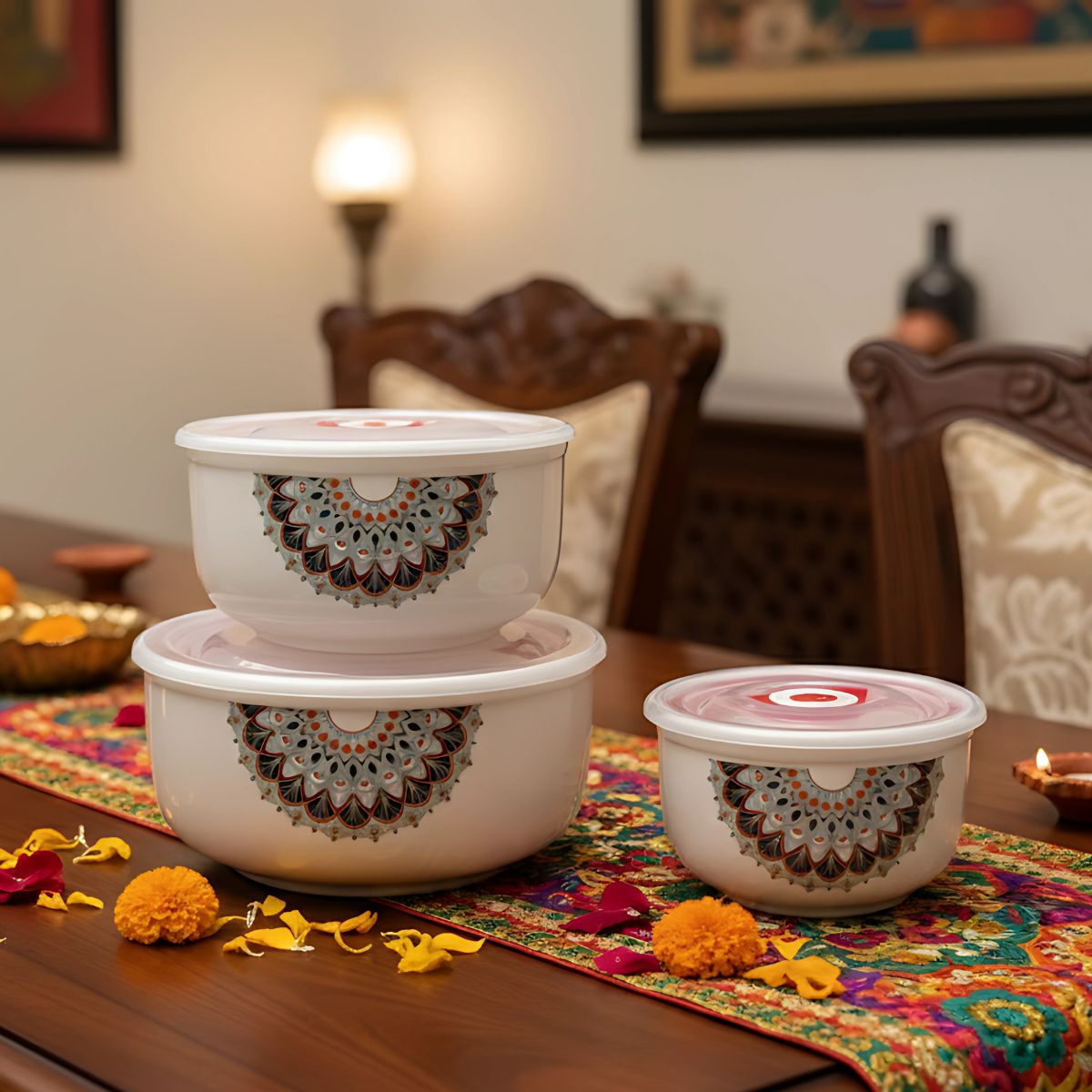 Mandala Printed Ceramic Bowl Set with Lids | Multipurpose Food Storage & Serving Bowls | Microwave & Dishwasher Safe | Durable Kitchen Bowls (Set of 3, Multisize)