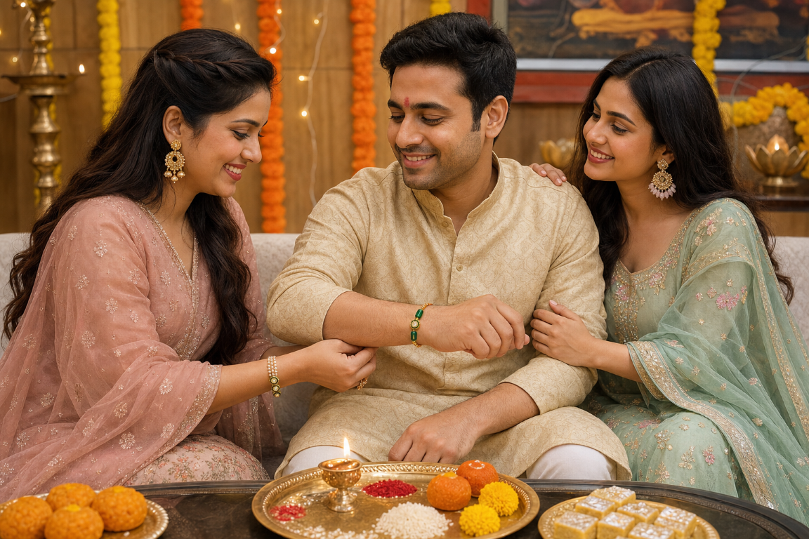 Bhai Bhabhi Rakhi Set | Green Stone Rakhi & Pearl Lumba Bracelet