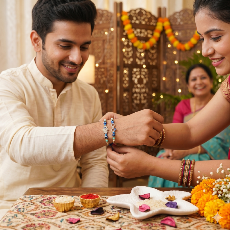 Set of 2 Hamsa & Infinity Rakhi Set for Brother & Bhavi, Multicolor