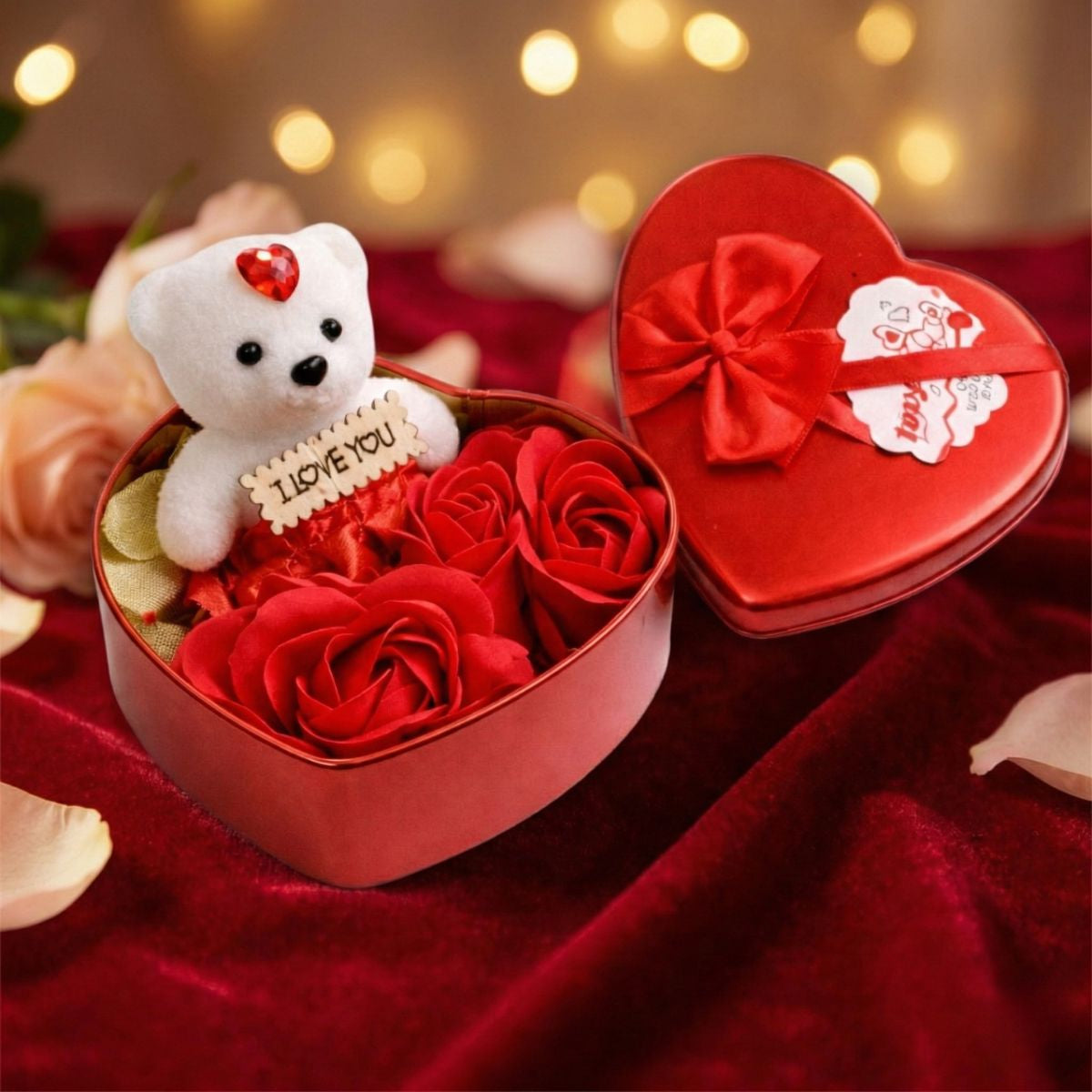 Tiny Shiny Teddy and Roses(3 Pieces Roses 1 Small Bear Doll)/ Heart Shaped Gift Tin Box containing Teddy and Roses with Love Message/Heart Shape Tin Box - image 3