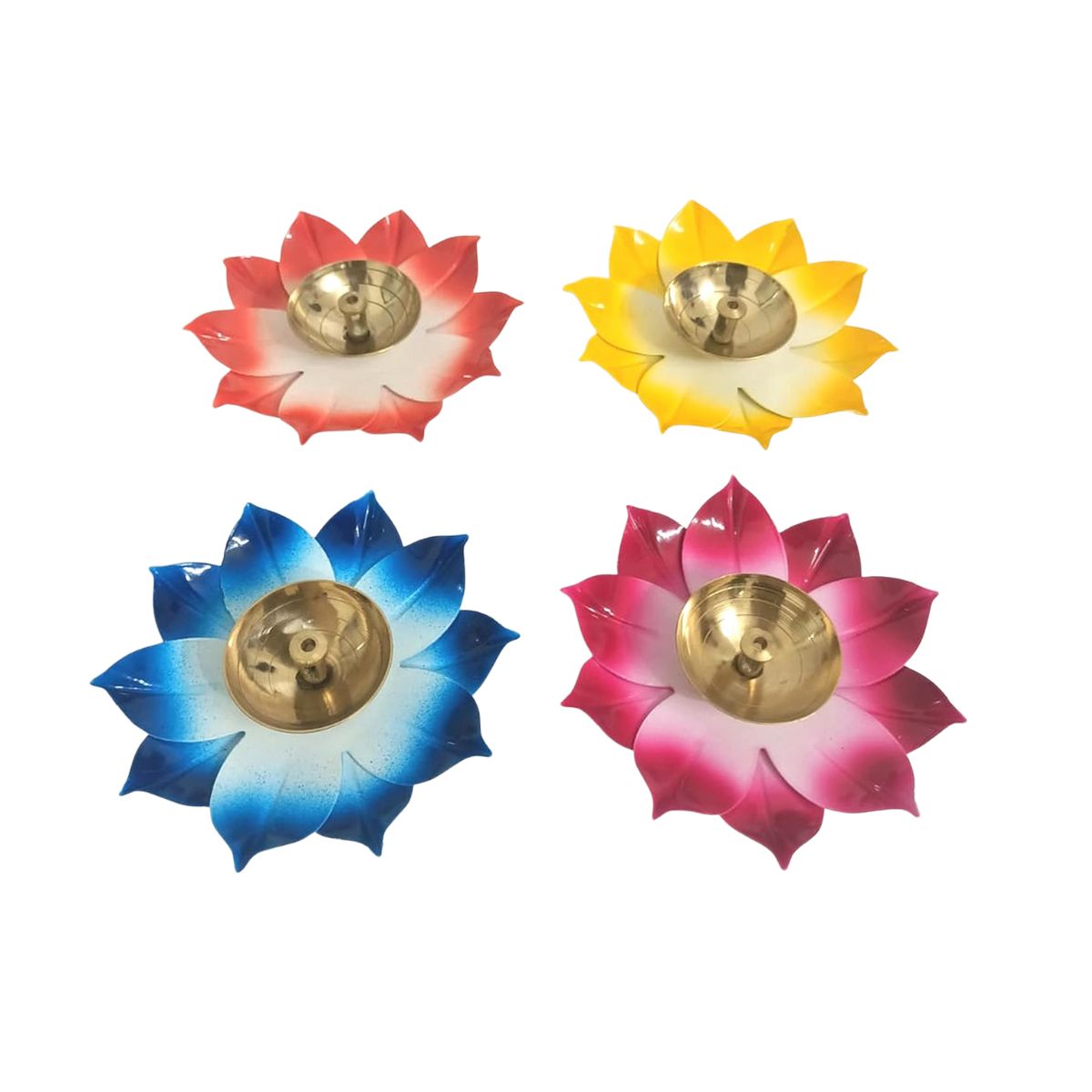 4 Pc Brass Diya Lotus Oil Lamp Set