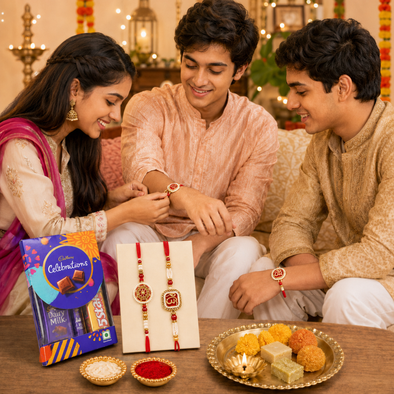 Rakhi Gift Set with 2 Ik Onkar & Mandala Rakhi Set, Roli Chawa, Sipra, Key Chain and chocolate box